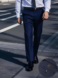 Elastic Anti-Wrinkle Straight Leg Pants, Easy Care Menswear Business Casual Trousers with Pockets, Spring & Fall Wear for Elite Professionals