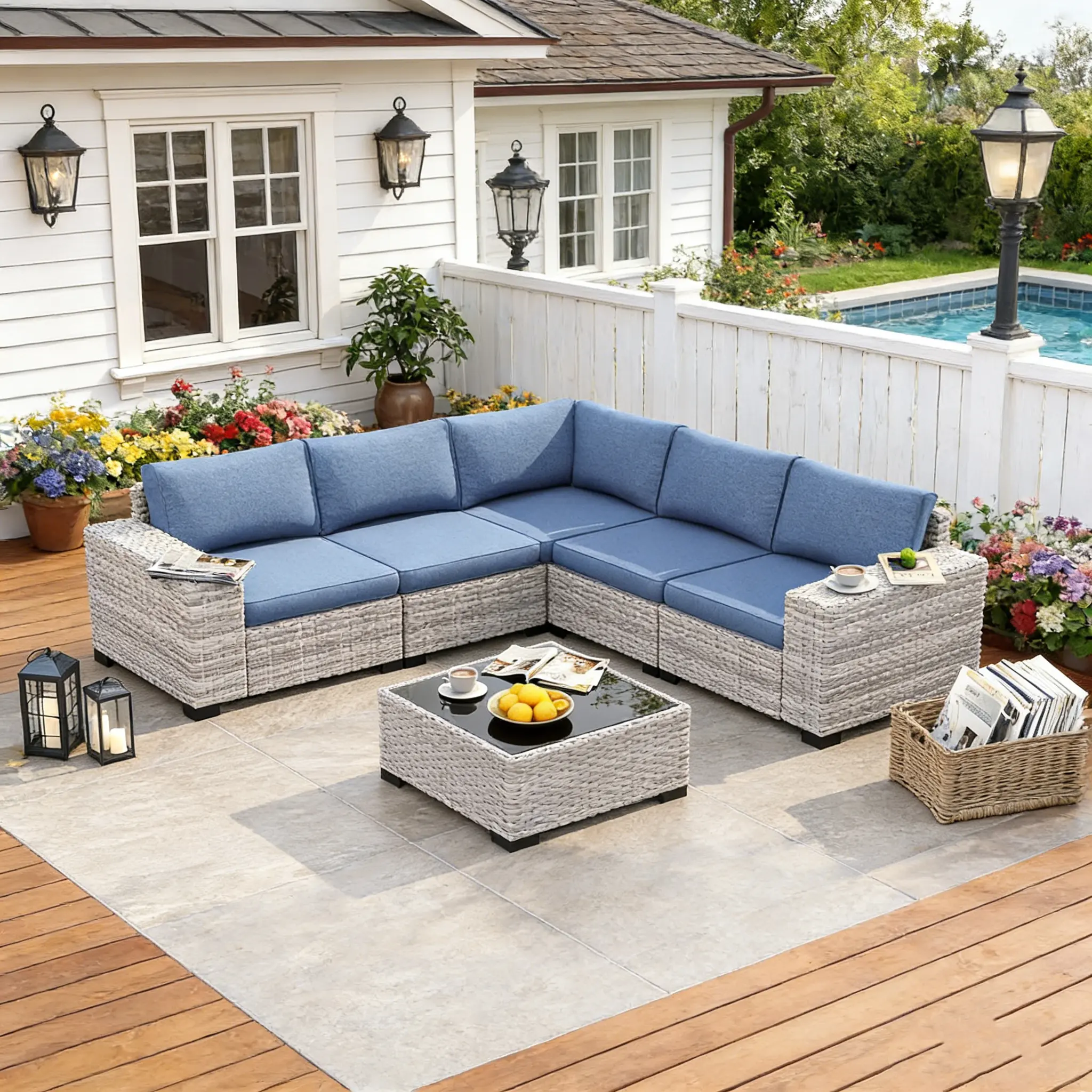 【2 packages delivery】6 Piece Outdoor Sectional Sofa Set, 5-Seats Patio Wicker Conversation Set with 4" Thickened Cushions & Coffee Table, All-Weather PE Rattan for Garden, Backyard, Porch, Patio Furniture Sets, Outdoor Furniture Set, Boneless Sectional Co