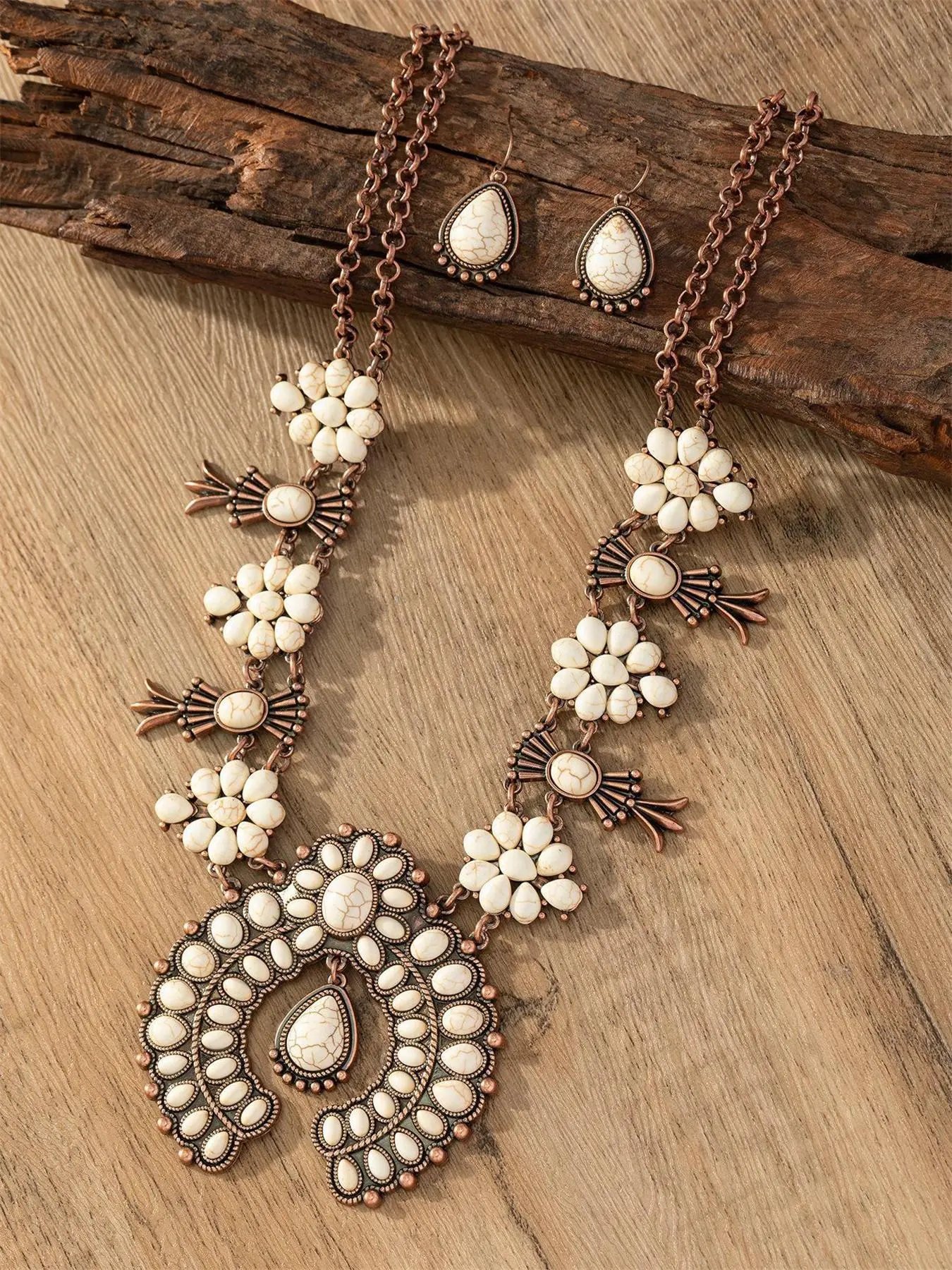 Vintage Boho Style Flower Design Turquoise Decor Jewelry Set, Necklaces Earrings Set, Necklace And Earring Set, Including Dangle Earrings & Necklace Pendant, Daily Clothing Decor, All-match for Birthday Gift