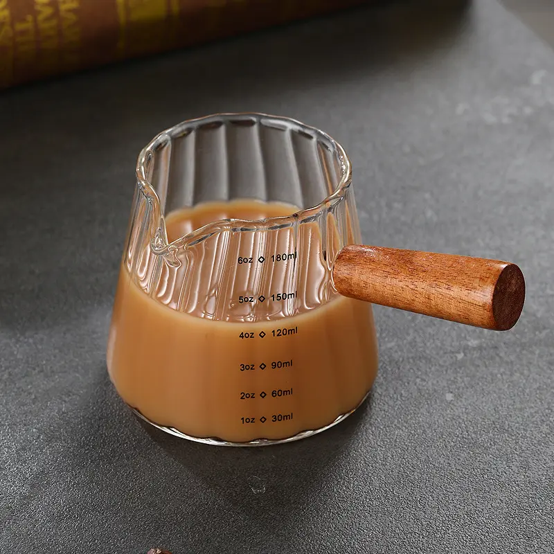 Espresso Measuring Cup 6 Oz, Espresso Glass Cups with Wood Handle, Milk Frothing Cup, Espresso Cup for Coffee, Milk, Tea or Maple Syrup Serving