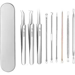 9 - Piece Stainless Steel Acne Tool Set - Complete Kit with Ultra - Sharp Tweezers, Needles for Effective Blackhead & Acne Removal