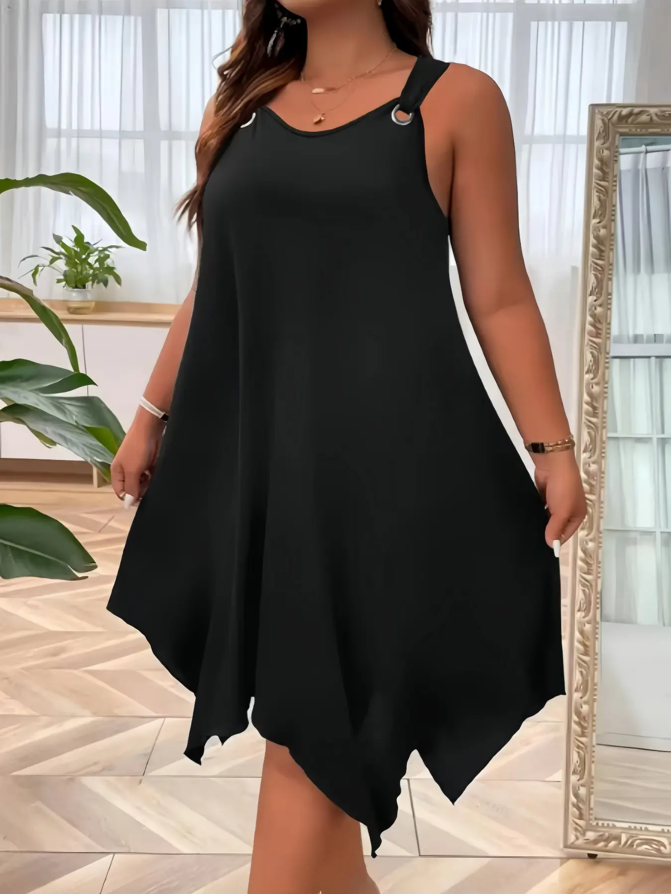 Women's Plus Size A-Line Sleeveless Spaghetti Strap V-Neck Dress, Basic Elegant Loose-Fit Casual Everyday Summer Top, Daily Wear, Elegance
