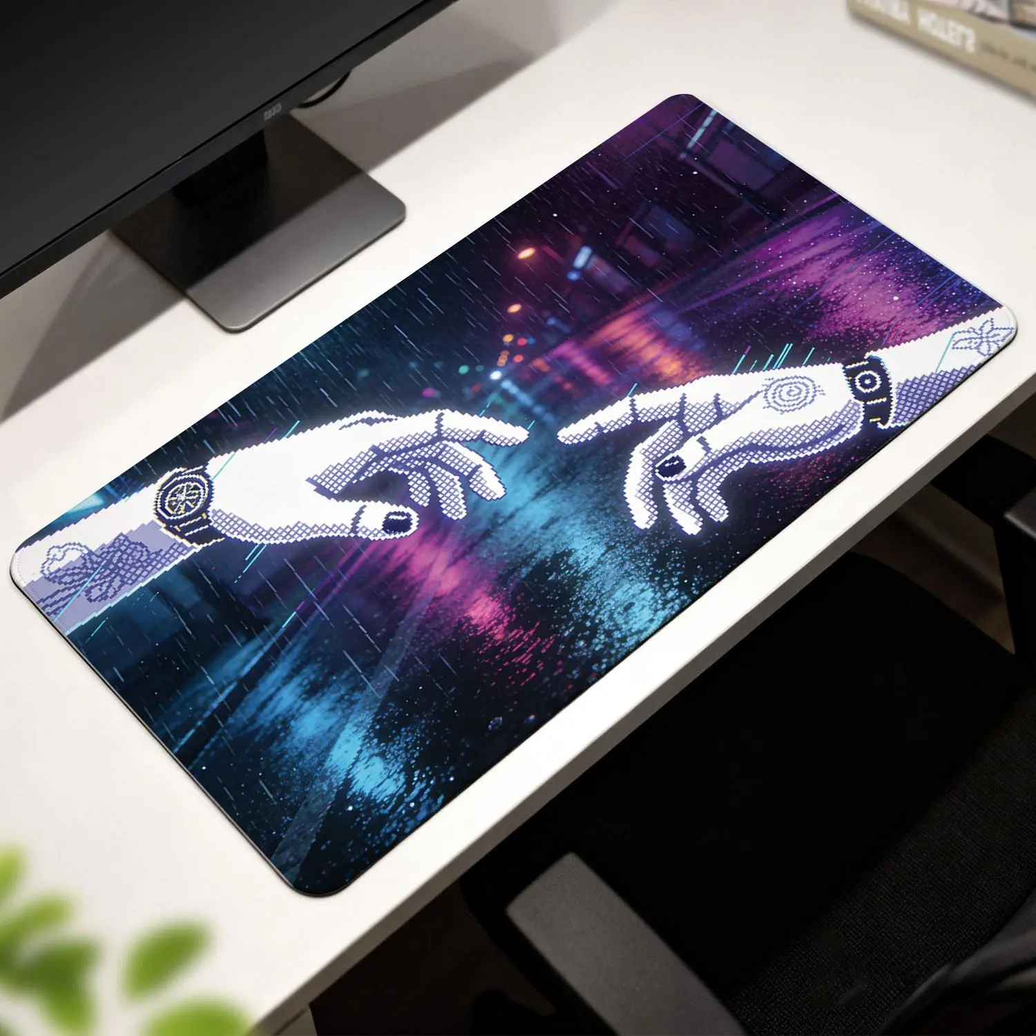 LIVEKEY Cyberpunk Pixel Art Mechanical Hands Mouse Pad  31.5×15.75in Large Gaming Desk Mat with Non - Slip Backing & Reinforced Edges  Comfortable Surface for Office/PC Gaming Setup​