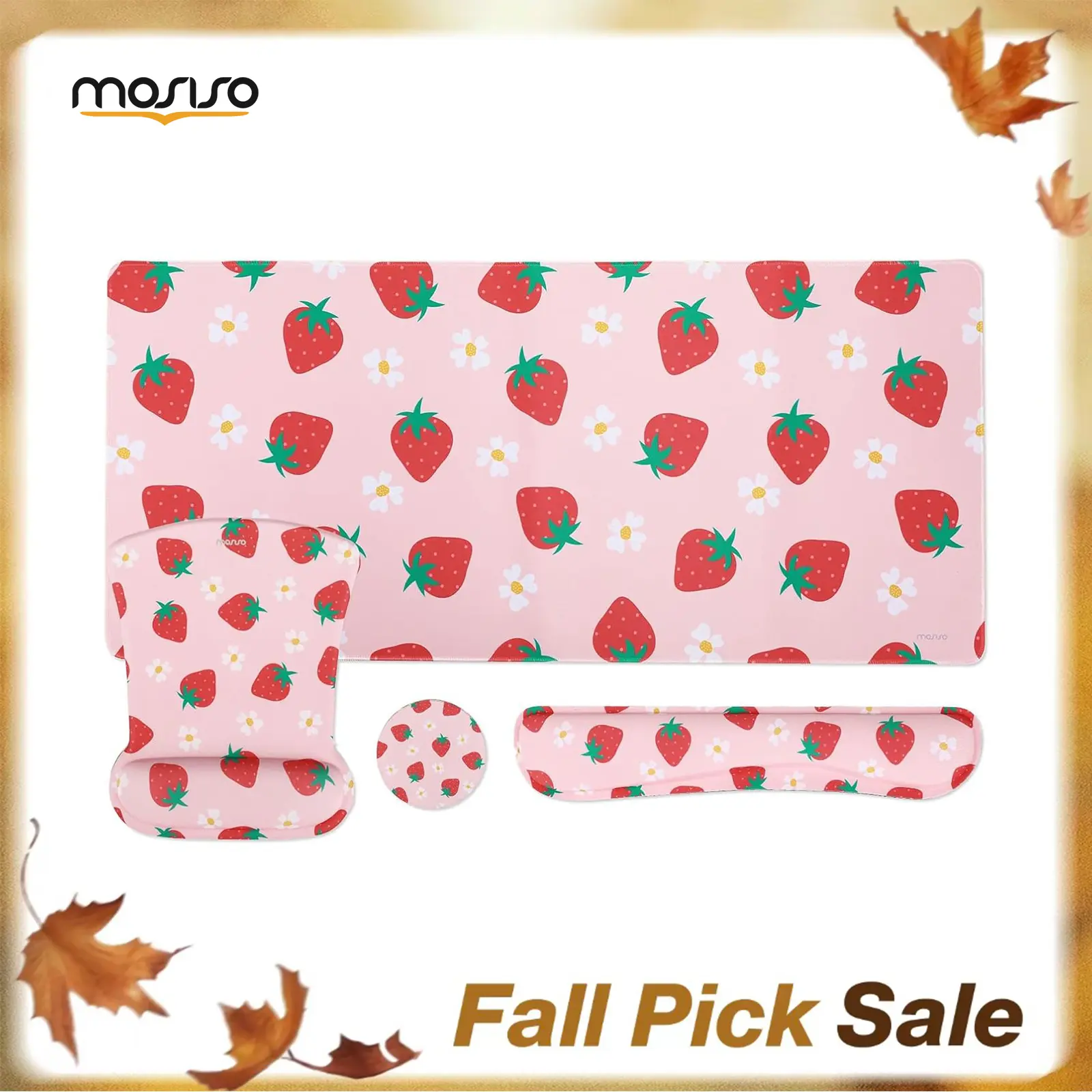 MOSISO Large Cute Cloth Desk Pad Mat Set - Ergonomic Memory Foam, Non-Slip with Keyboard Mouse Pad, Wrist Support, Coaster, Cute Accessories, Cool Office Stuff for Desk (Strawberry & Flower)