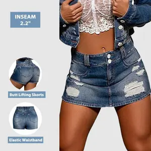 Flamingals Ripped Mid Waist Pocket Mini Denim Skorts Spandex Comfort Skirt Womenswear Bottom Summer Vibes