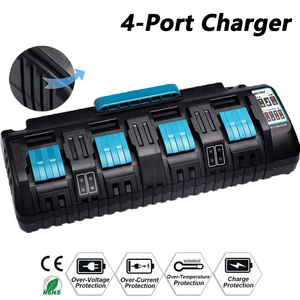 Makita LXT Lithium-Ion Rapid 2-Port Battery Charger (DC18RD) with 4-Port Rapid Charger Option, 14.4V-18V, 100-260V 50-60Hz, 5V 2.1A Max USB Output, DC18SF Compatible, Brand New Power Tool Accessory