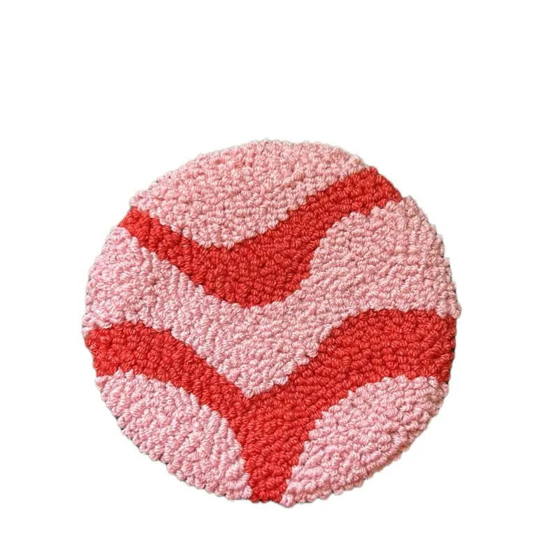 Groovy Themed Punch Needle Coaster - Pink with Red Accents, Ideal for Tableware Use