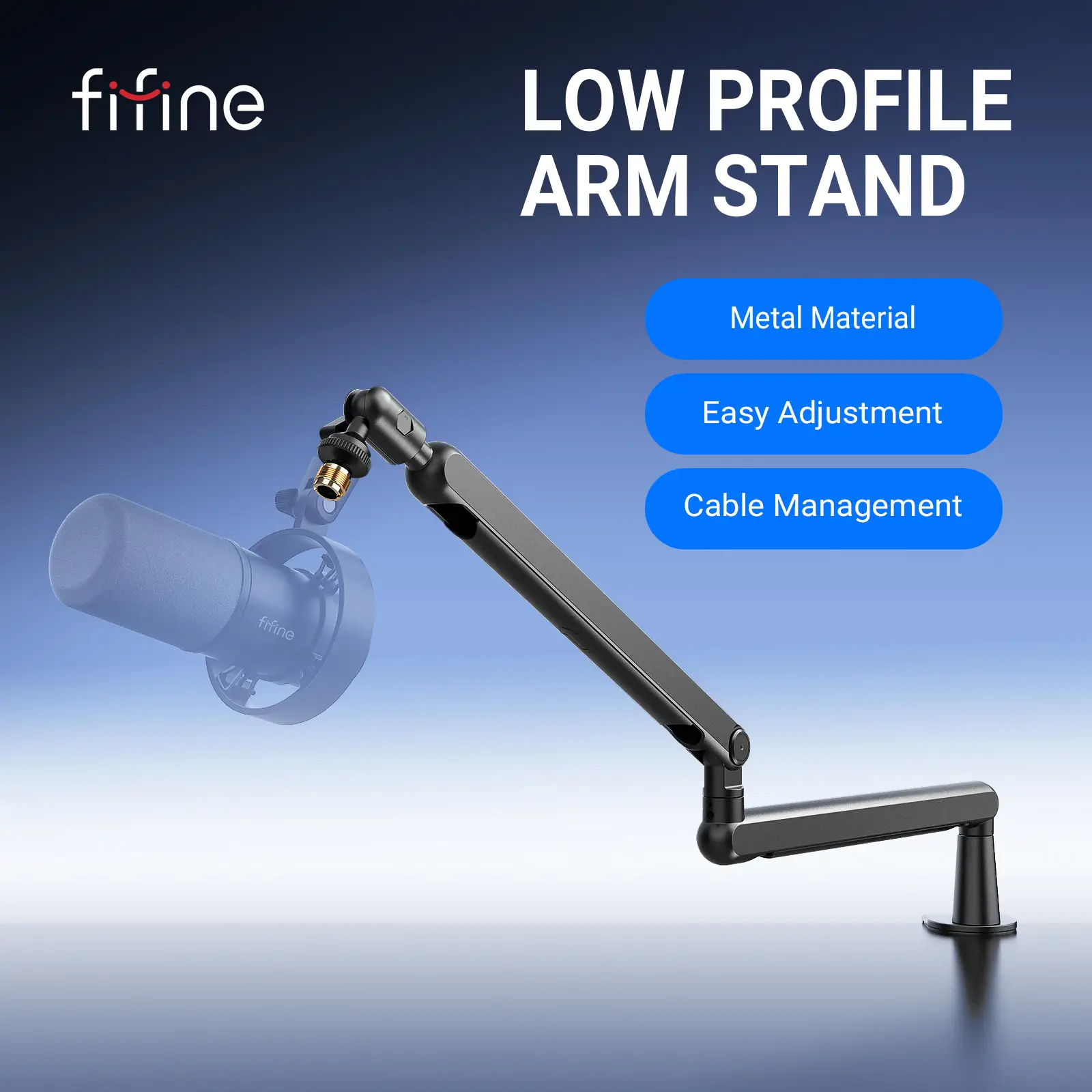 FIFINE BM88 Low Profile Microphone Boom Arm, Adjustable Stick Microphone Arm Stand with Desk Mount Clamp, Screw Adapter, Cable Management, for Podcast