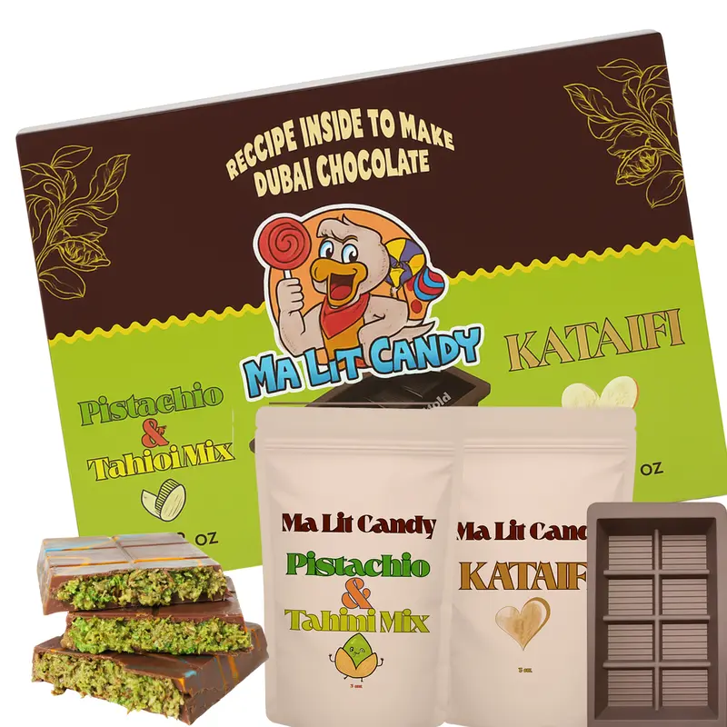 Ma Lit Candy Dubai Knafeh Pistachio Bar Kit with Kataifi Pistachio & Tahini Cream Recipe & Silicone Mold for DIY Chocolate Bar Making 8 oz