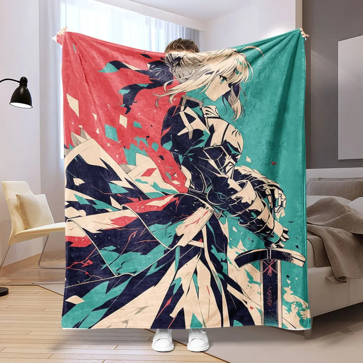 Fate Series Saber Color-Block Illustration Print Flannel Blanket - Soft and Cozy, Warm and Anti-pilling, Machine Washable. Plush Shawl, Bed Throw, Sofa Blanket, or Air-conditioning Blanket. Ideal for Naps, Camping, and Travel. Suitable for All