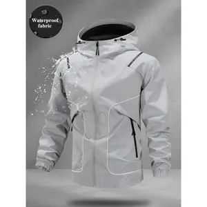 Men’s casual waterproof long-sleeve jacket with reflective drawstring, adjustable hood, fashionable for outdoor sports and daily wear, all-season coat