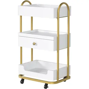 OmySalon Salon Trolley Cart, Hair Styling Station with 3 Trays & 1 Drawer, 2 Lockable Wheels, Esthetician Cart Mobile Storage Cabinet for Beauty Spa Barbershop