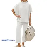 Songling Womens Casual Two Piece Outfits 3/4 Batwing Sleeve Crew Neck Top Wide Leg Pants Raw Edge Design Loungewear Set US Standard Size,sohochic