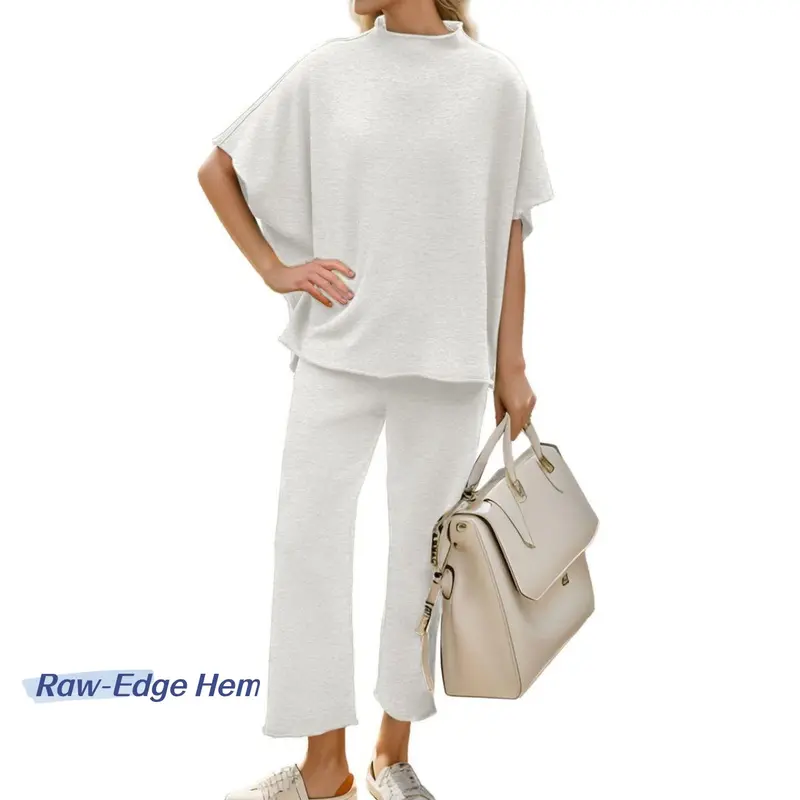 Songling Womens Casual Two Piece Outfits 3/4 Batwing Sleeve Crew Neck Top Wide Leg Pants Raw Edge Design Loungewear Set US Standard Size,sohochic