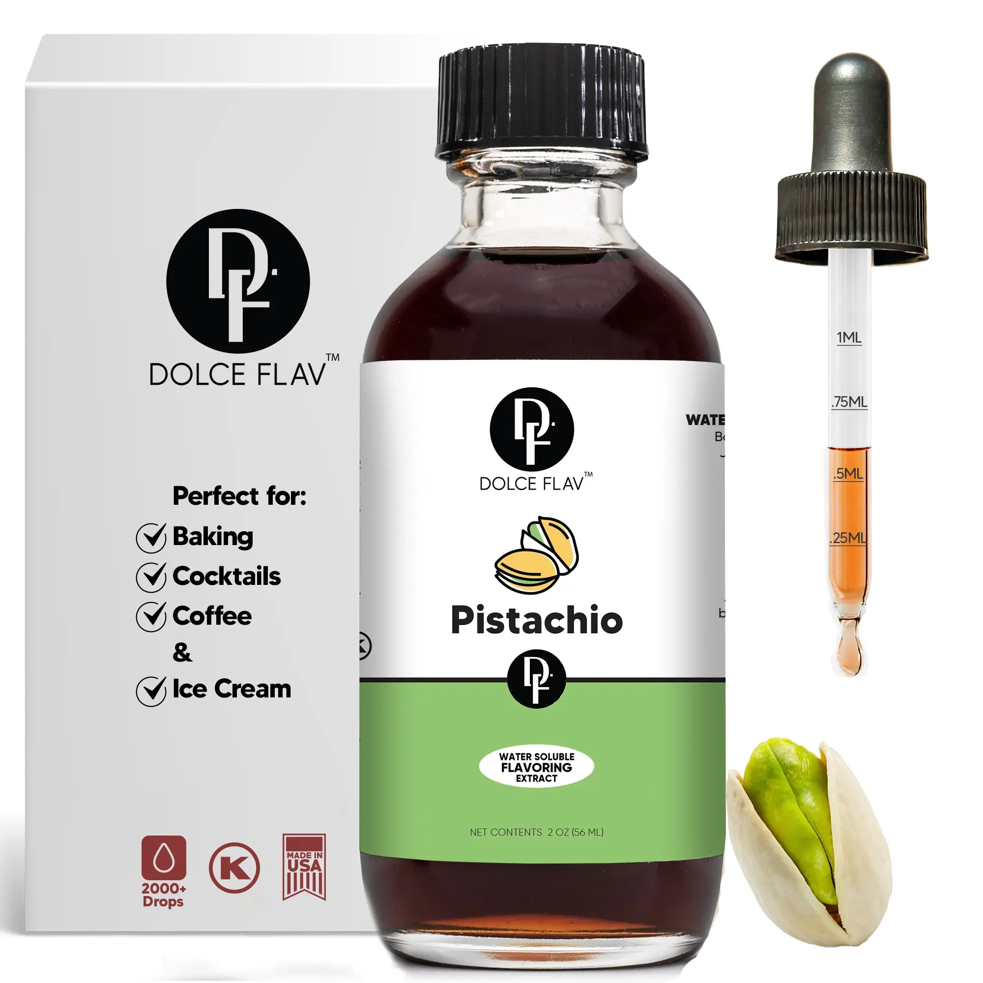 Dolce Flav Water Soluble Pistachio Extract 2000+ Drops Pure Natural Flavoring for Beverages Baked Goods & Sauces