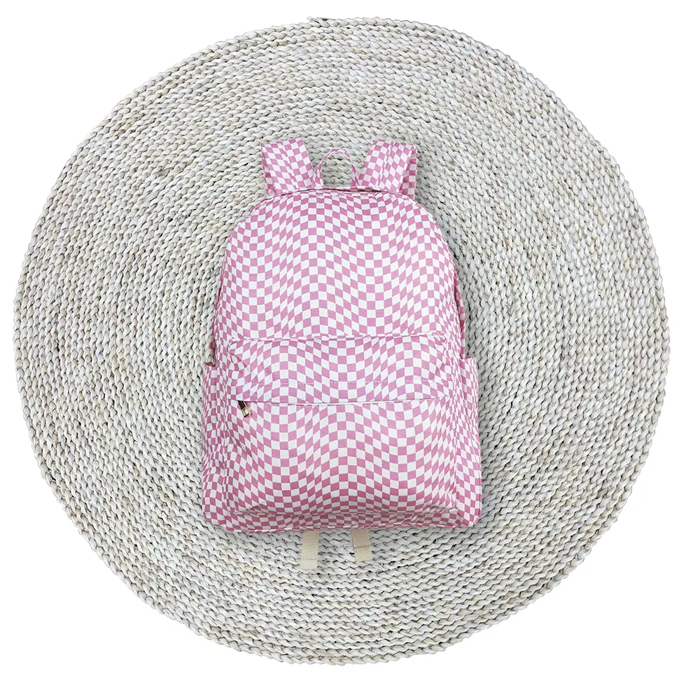 Kids Children Girls Pink Checkered Zip Canvas Backpacks Bags School Casual Outings