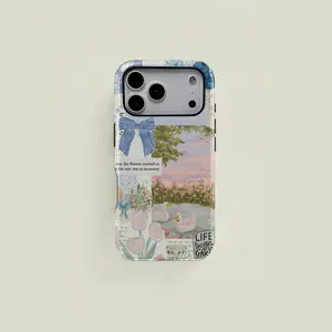 Garden duck and floral pattern phone case, a sturdy and durable 2-in-1 protective case, compatible with iPhone 17/16/15/14/13/12/11 Pro Max/Plus/Pro, Galaxy S25/S24/S23 Ultra. Durable, stylish protection, and a great holiday gift.