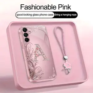 Suitable for [Galaxy A15] high-end women's phone case🤩，a beautiful four-leaf clover lanyard is included🍀，Exquisite floral print, non-3D rhinestones, 26 letters to choose from YM99