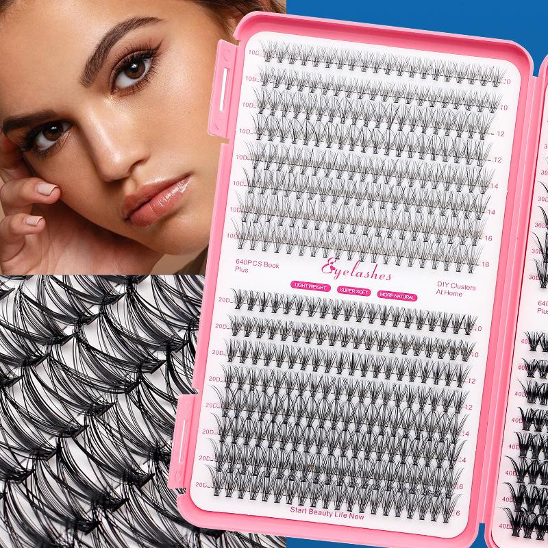 Mixed-length individual false eyelash set, natural makeup effect lash extension kit, includes lash tools, curled lash guide, classic lash extension look cat eye clusters