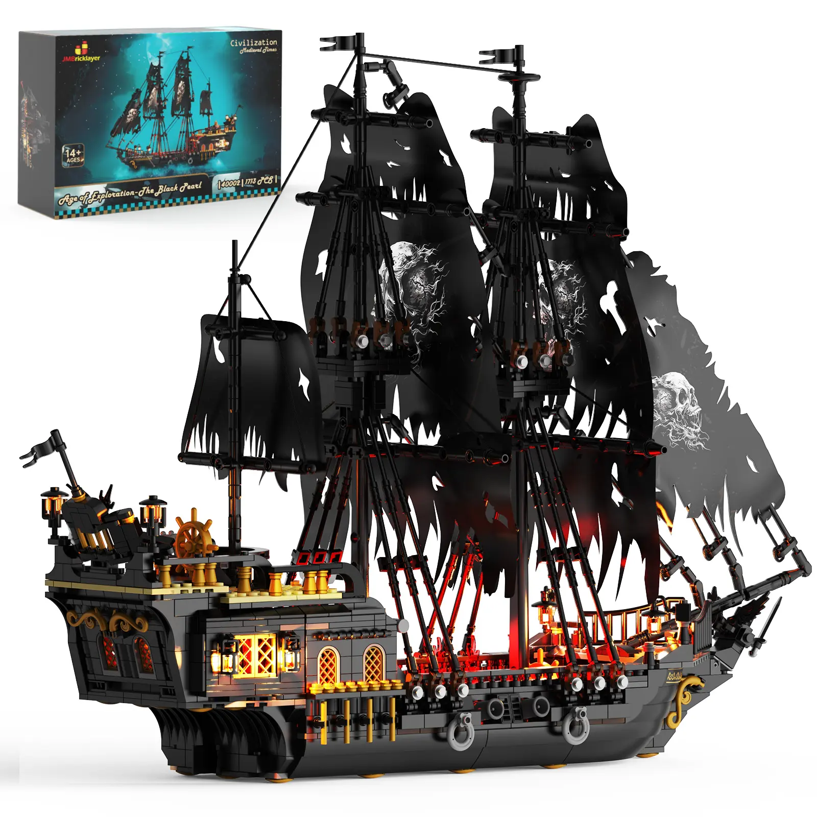 Glowing Pirate Ship Building Kit with LEDLights, Black Pearl Model 40002,1713 Pcs, Desk Decor for Adults 14+,Halloween vibe,Halloween decor