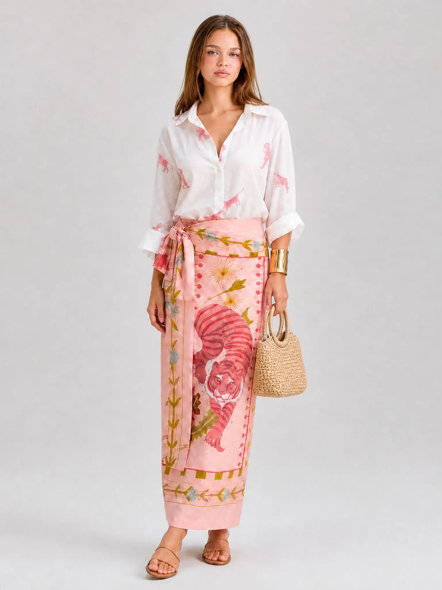 LikeMyChoice Women Vintage Tiger Animal Print 2 Piece Outfit Lapel Long Sleeve Button Down Shirt + Wrap Tie Midi Skirt Matching Set Boho Vacation Outfit
