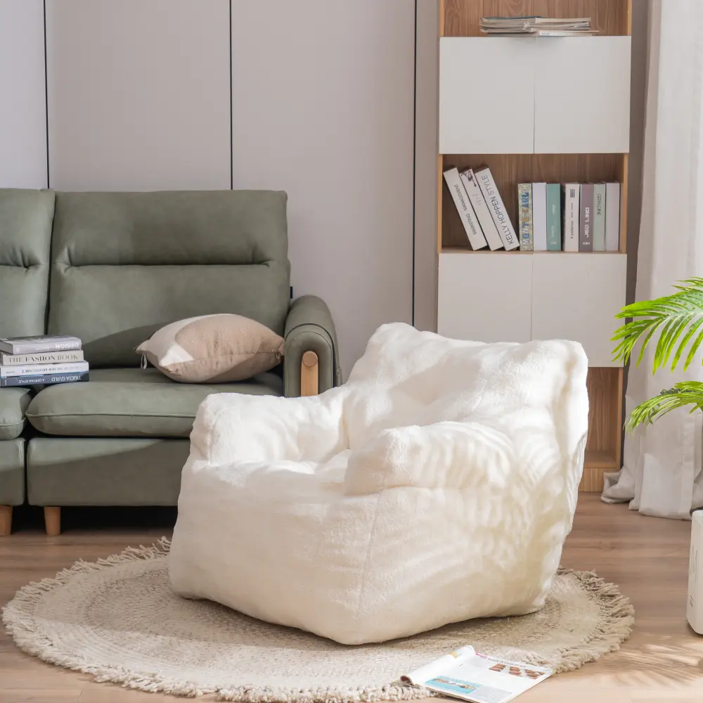 littleox Soft Teddy Fabric Tufted Foam Bean Bag Chair Comfortable Tufted Ivory White Teddy Fabric Bean Bag Chair For Living Room Bedroom