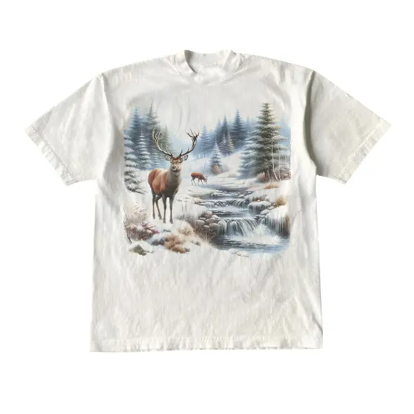 Women's Cotton Short-Sleeve Round Neck Vintage Graphic T-Shirt - Retro Mystical Deer Snowy Nature 90s Boho Unisex Hunter Camping Top Casual Tee Shirts Crewneck