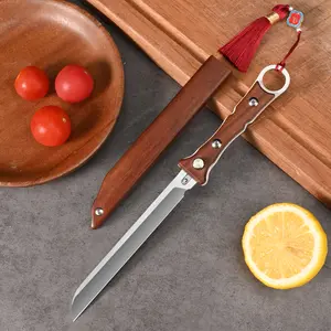 Kitchen Fixed Blade Straight Knife Wooden Sheath Cover, Portable Outdoor Camping Multi-functional Knife with Pull Ring Design