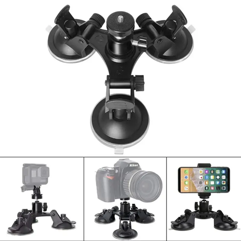 3-Cup ABS Car Camera Mount Bracket - Strong Suction, Multi-Angle 1/4-Inch Ball Head Screw Adapter, Easy On/Off Buckle, 141g, Secure Holder for GoPro Hero 13/12/11/10/9/8, Insta360, SJCAM, AKASO, DJI Osmo Action Cameras (For Multiple Models)
