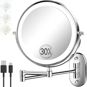 30X/1X Wall Mounted Lighted Makeup Mirror, 8'' Double Sided Rechargeable Magnifying Bathroom Mirror with Light, 3 Color Lights  Dimmable Extended Arm 360 Rotation Light up Mirrors
