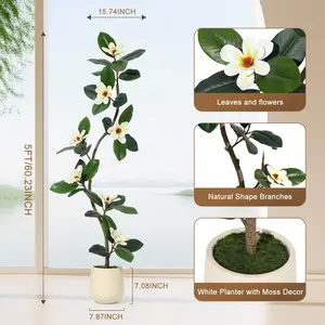 5FT 6FT 7FT Artificial Magnolia Tree in White Planter Pot | Fake Tree with Realistic Flowers for Home Living Room Office Decor