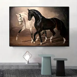 1pc Elegant Black and White Horse Oil Painting on Canvas - Vintage Style, Matte Finish,  Living Room, Office - Ideal Gift for Horse Enthusiasts, Horse Lover Gifts