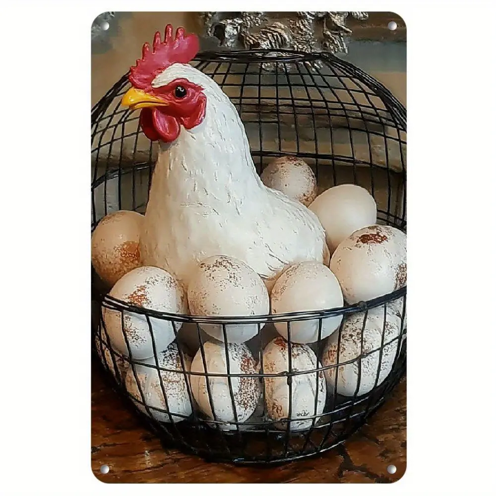 Charming Retro Farmhouse Iron Egg Basket Wall Art, 8x 12inch - Country Rooster Decoration with Floral Patterns, Perfect for Kitchen, Dining Room, Bar, Living Room - Durable Metal Structure, Perfect Holiday Gift