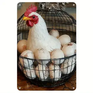 Charming Vintage Farmhouse Iron Egg Basket Wall Art, 8x12 Inches - Rustic Rooster Decor with Floral Patterns, Ideal for Kitchen