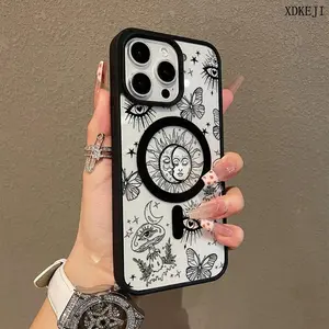Mysterious retro Sun, Moon, Butterfly Pattern Premium Magnetic Phone Cases for iPhone 17 Air 16 15 14 Pro Max Plus 13 12 11 Smartphone Shockproof Protection Acrylic Cover Cellphone Protective magsafe magnetic case Aesthetic Resistance Casing