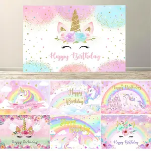 Dewprint Unicorn Birthday Decorations Backdrop Rainbow Unicorn Pastel Castle Fairy Tale Style Tablecloth Banner Photo BoothProps