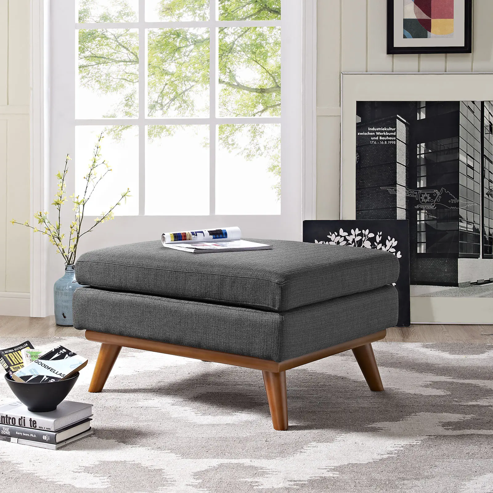 Comfy Modway Engage Modern Plush Cushion Upholstered Fabric Ottoman Stool - 1 Size Indoor Furniture with Rubberwood Legs, Gently Sloping Curves, Stylish Design for Home Living Room Lounge, Gray-1 - Engage Ottoman