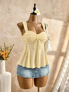 Solid Color Jacquard Tie Front Ruffle Strapless Tank Top, Heart Neckline Sleeveless Upper, Stylish and Comfortable Fashion Wear