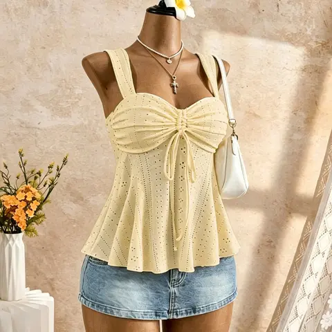 Women's Tie Front Ruffle Tank Top, Heart Neckline Sleeveless Shirt, Casual Feminine Solid Color Slim Fit Unlined Plain Surface