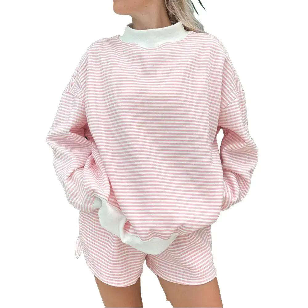 EncoLax Women Casual Striped Matching Tracksuit, Loose Fit Turtleneck Sweatshirt and Elastic Waist Shorts 2 Piece Sleepwear Set
