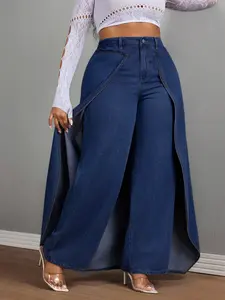 Women's Plus Size Two-Piece Denim Jeans, Casual Faux Two-Piece Design, Comfortable and Stylish Jeans for Everyday Wear
