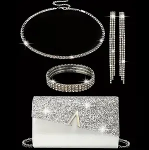 Women’s 4PCS Sequin Clutch Evening Bag & Rhinestone Jewelry Set - Necklace, Earrings, Bracelet - Elegant Wedding Party Bridal Accessories