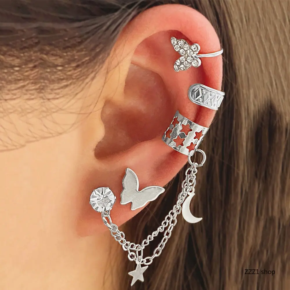 Silver Butterfly Ear Cuff Set for Women, Trendy Y2K Link Chain Tassel Earrings, Aesthetic Rhinestone Star Moon Crescent Crystal Non Piercing Cartilage Jewelry Gift