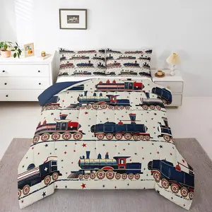 Vintage Steam Train Bedding,Cartoon Classic Railway Retro Comforter Set,Travel Locomotive Train Bedding Sets,Galaxy Stars Decorations Duvet Set