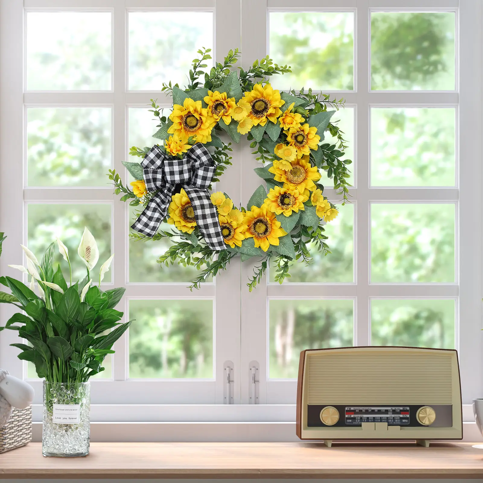 18in Farmhouse Decorative Lightweight Golden Blossom Wreath for Front Door - Artificial Yellow Blossom & Daisy, Eucalyptus Grapevine Floral Centerpiece for Home, Wedding, Indoor-Outdoor Gift, Ornaments