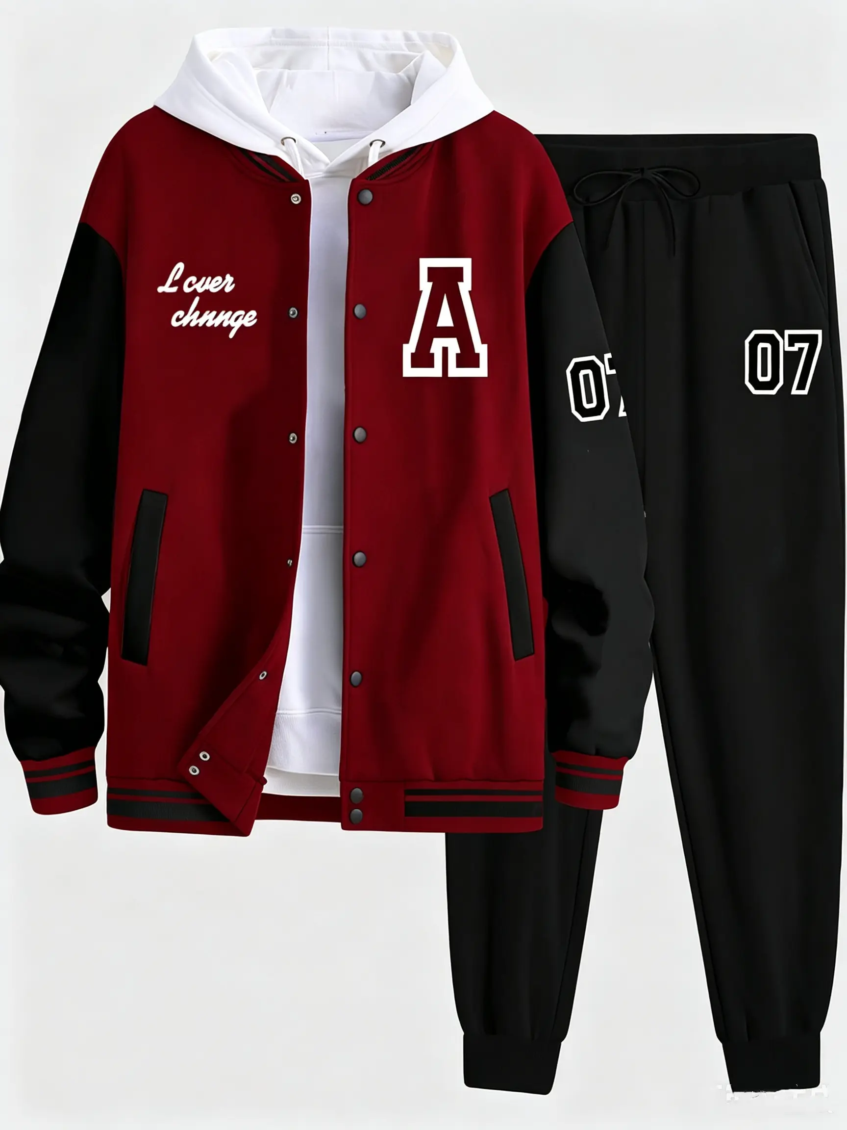 Men's 2-Piece Streetwear Varsity Tracksuit Set - Polyester Color Block Snap Button Baseball Jacket with Letter A Print, Oversized Hooded Inner, Number 07 Jogger Sweatpants, Casual Loose Outfit, Side Pockets