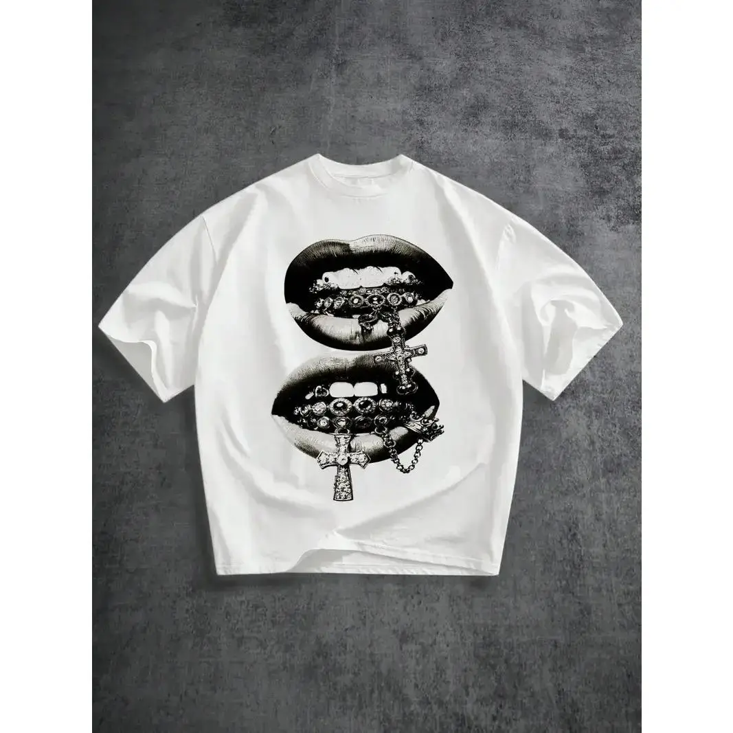 Unisex Y2K Streetwear Oversized Graphic Tee, Retro Grunge Aesthetic T-Shirt with Grillz & Cross Jewelry Print, Urban Skater Style Top. good