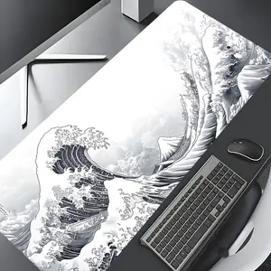 Japanese Monochrome Wave Ukiyo-e Design Large Gaming Mouse Pad,Aesthetic Desktop Drotection Pad,Washable Rubber Pad Non-Slip Lock Edge Multi-Size Mouse Pad Suitable For Home Office,Good Gift for Family and Friends