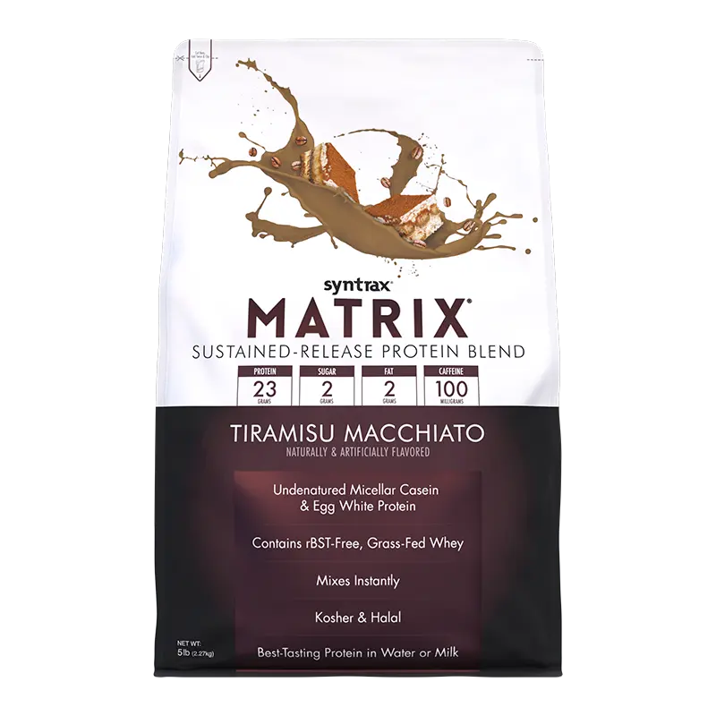 Syntrax Nutrition Matrix, Sustained-Release Protein Blend Tiramisu Macchiato 5 lbs Undenatured Micellar Casein & Whey Blend for Easy Mixing