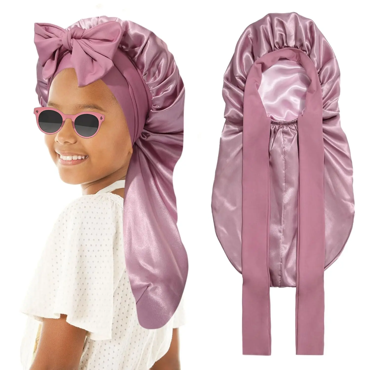 L-HDW102 Kids Long Hair Bonnet for Sleeping - Double Layer Girls Elastic Satin Bonnet with Tie Band for Braid Curly Hair (Rose Gold+Pink) Haircare Smooth